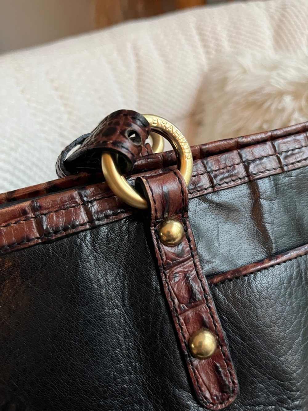 Brahmin Arno Tuscan Tote - Black Leather Tote w/ Brown Croc Trim - Picture 3 of 16